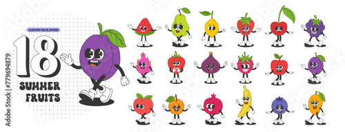 Set of retro fruit characters. Pineapple, strawberry, banana, blueberry, plum cherry, watermelon, apricot, pomegranate, fig, blueberry, pear, apple, lemon, raspberry, peach, mango. Vector illustration