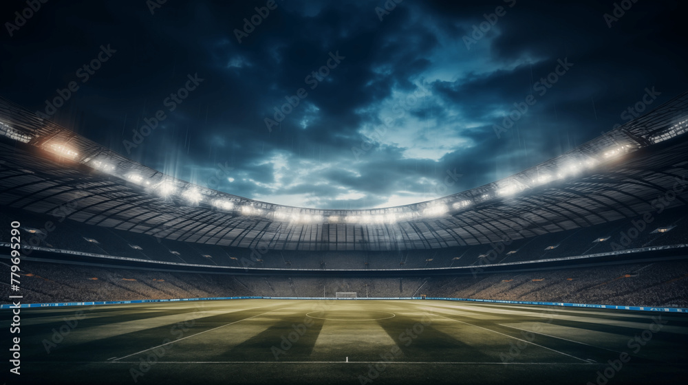 Fototapeta premium Stade de foot, grand spot de lumière, gazon, pelouse. Ciel nuageux. Football, match, sport. Pour conception et création graphique. 