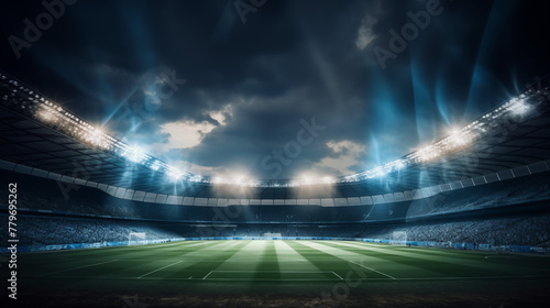 Stade de foot, grand spot de lumière, gazon, pelouse. Ciel nuageux. Football, match, sport. Pour conception et création graphique.  © FlyStun