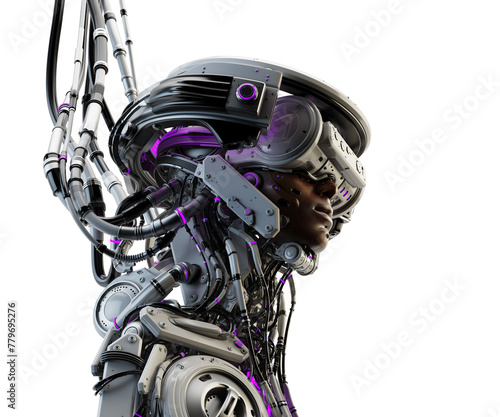 Synthetic Symphony: The Cyborg Evolution - A Vision of Tomorrow's Humanity with Human Skin, Sci-Fi Visor, and Halo Illuminated by Violet LED