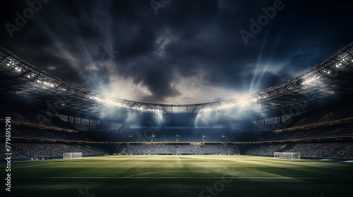 Stade de foot, grand spot de lumière, gazon, pelouse. Ciel nuageux. Football, match, sport. Pour conception et création graphique.  photo