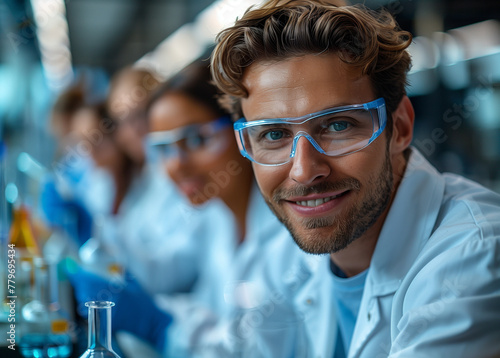 Handsome man in middle age in laboratory wearing glases and scrubs. Chemistry lab, man smiling
