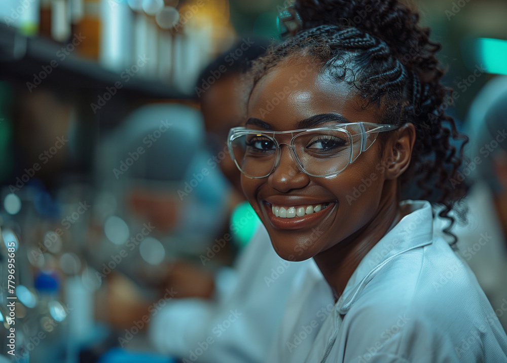 A smiling group of scientists working in a laboratory in the style of a stock photo. People in scrubs and glases in laboratory, chemistry work. Students in chemistry class, doctors in lab A smiling group of scientists working in a laboratory in the style of a stock photo. People in scrubs and glases in laboratory, chemistry work. Students in chemistry class, doctors in lab