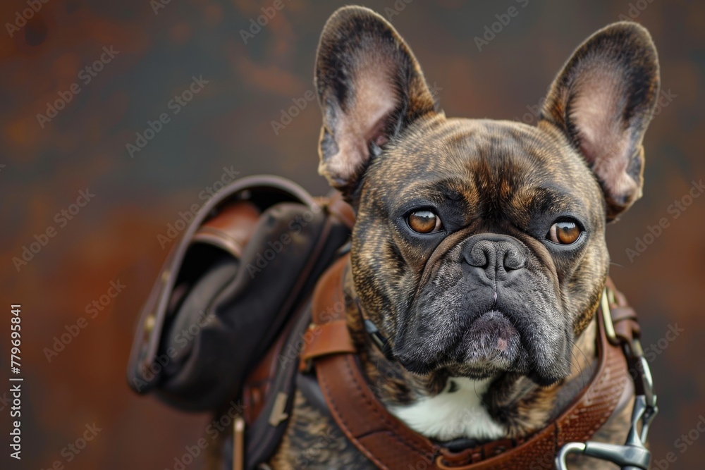 French bulldog wearing brindle harness