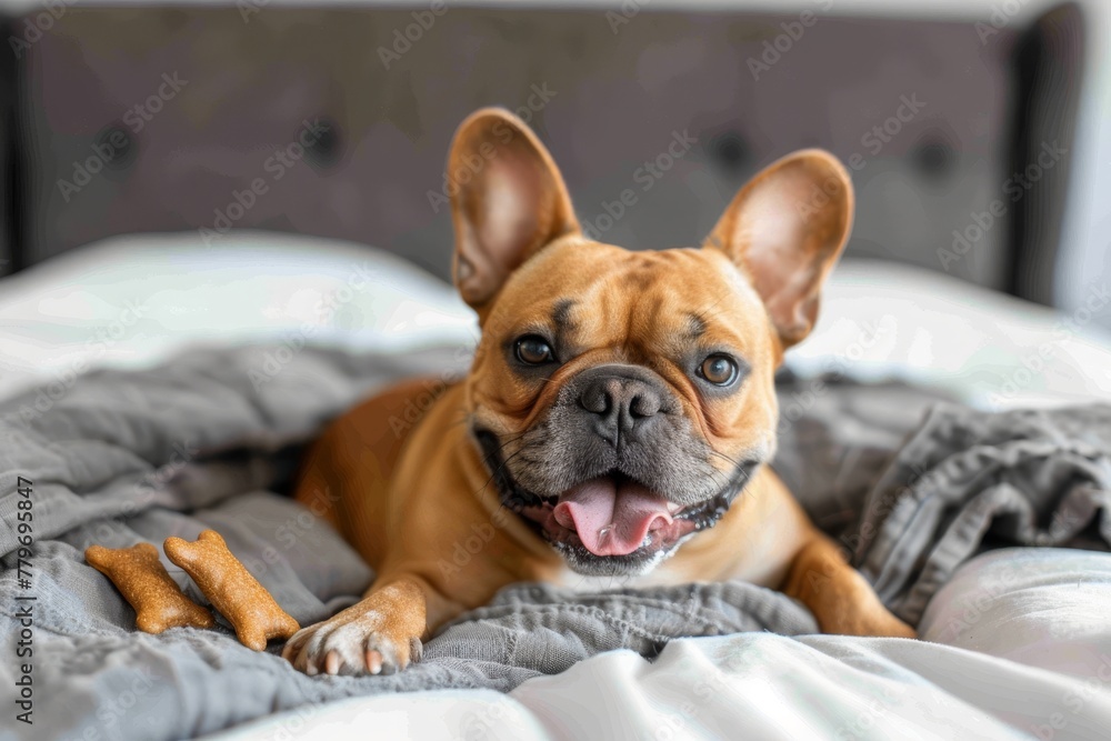 French Bulldog snacking on a dental treat at home