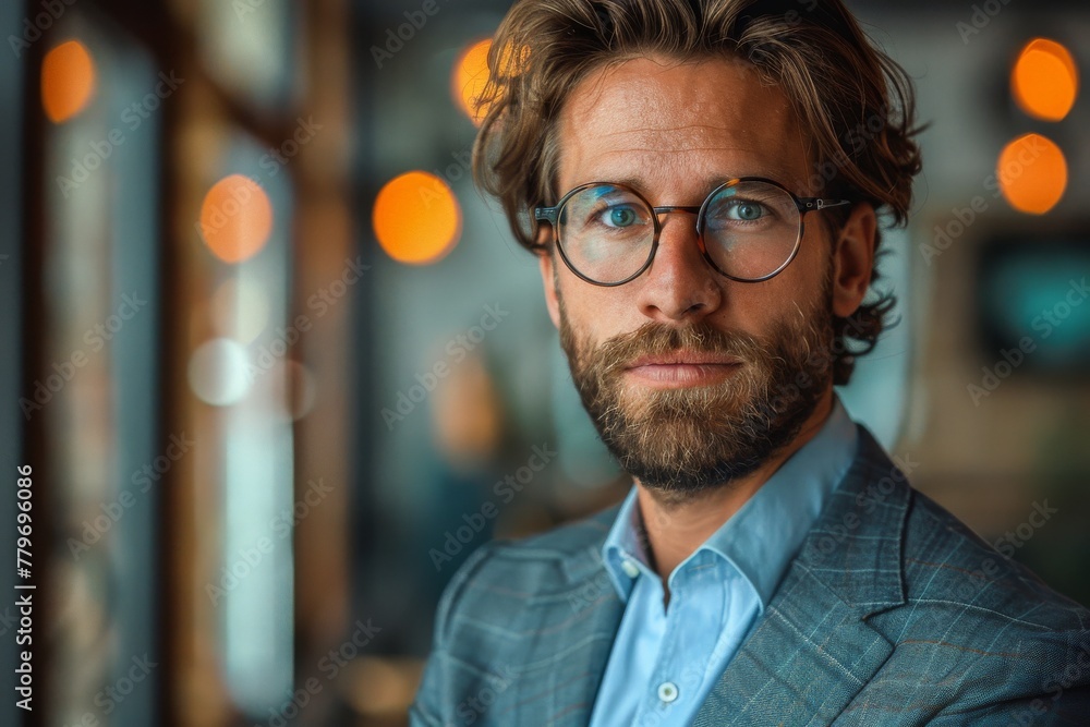 Obraz premium A well-groomed man with clear eyeglasses and a styled beard against a patterned backdrop