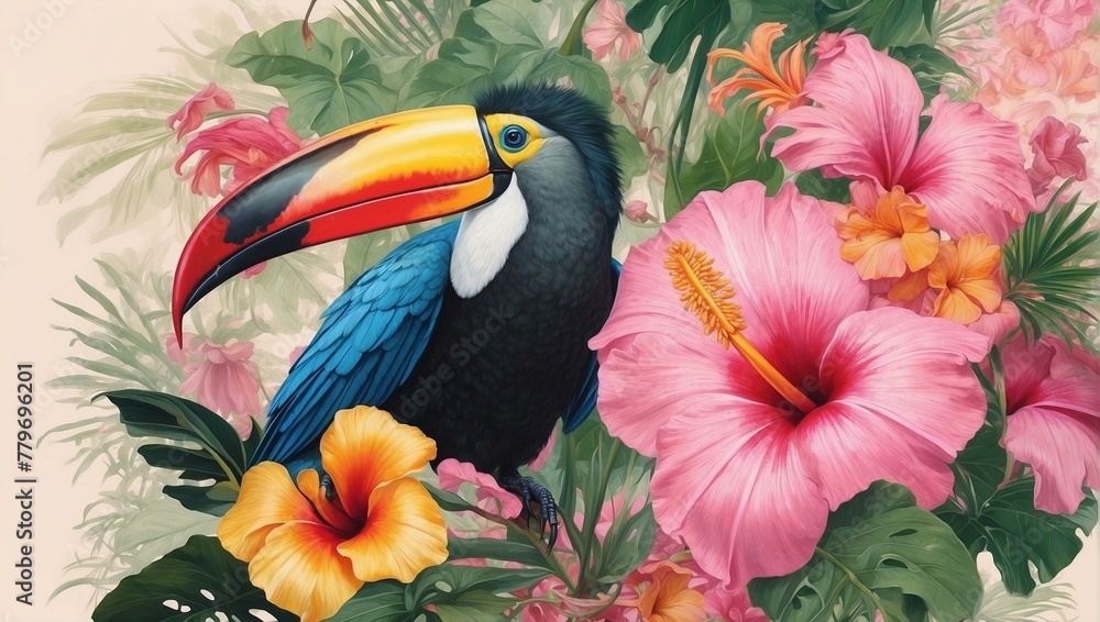 Fototapeta premium This colorful image captures a stunning toucan surrounded by bright hibiscus flowers, evoking a tropical paradise