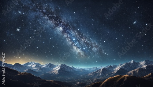 A breathtaking view of the Milky Way galaxy stretching above a serene landscape of snowy mountain peaks under a clear, starry sky. AI Generation
