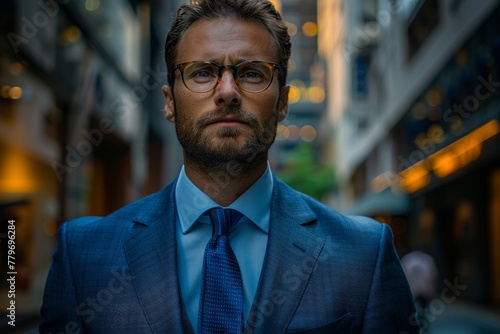 Serious-looking bearded man in a blue suit staring into the distance in a city