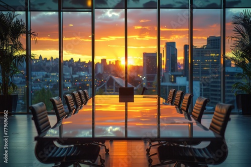 A fiery sunset seen through floor-to-ceiling windows in a sleek  contemporary meeting room with reflections on the table