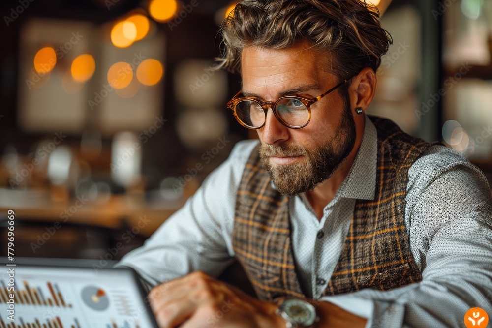 A focused businessman in a plaid jacket reviews charts and graphs on papers in a cozy cafe setting A focused businessman in a plaid jacket reviews charts and graphs on papers in a cozy cafe setting