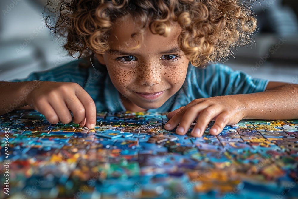 A curly-haired boy engaged in assembling a colorful jigsaw puzzle with focus and enjoyment A curly-haired boy engaged in assembling a colorful jigsaw puzzle with focus and enjoyment