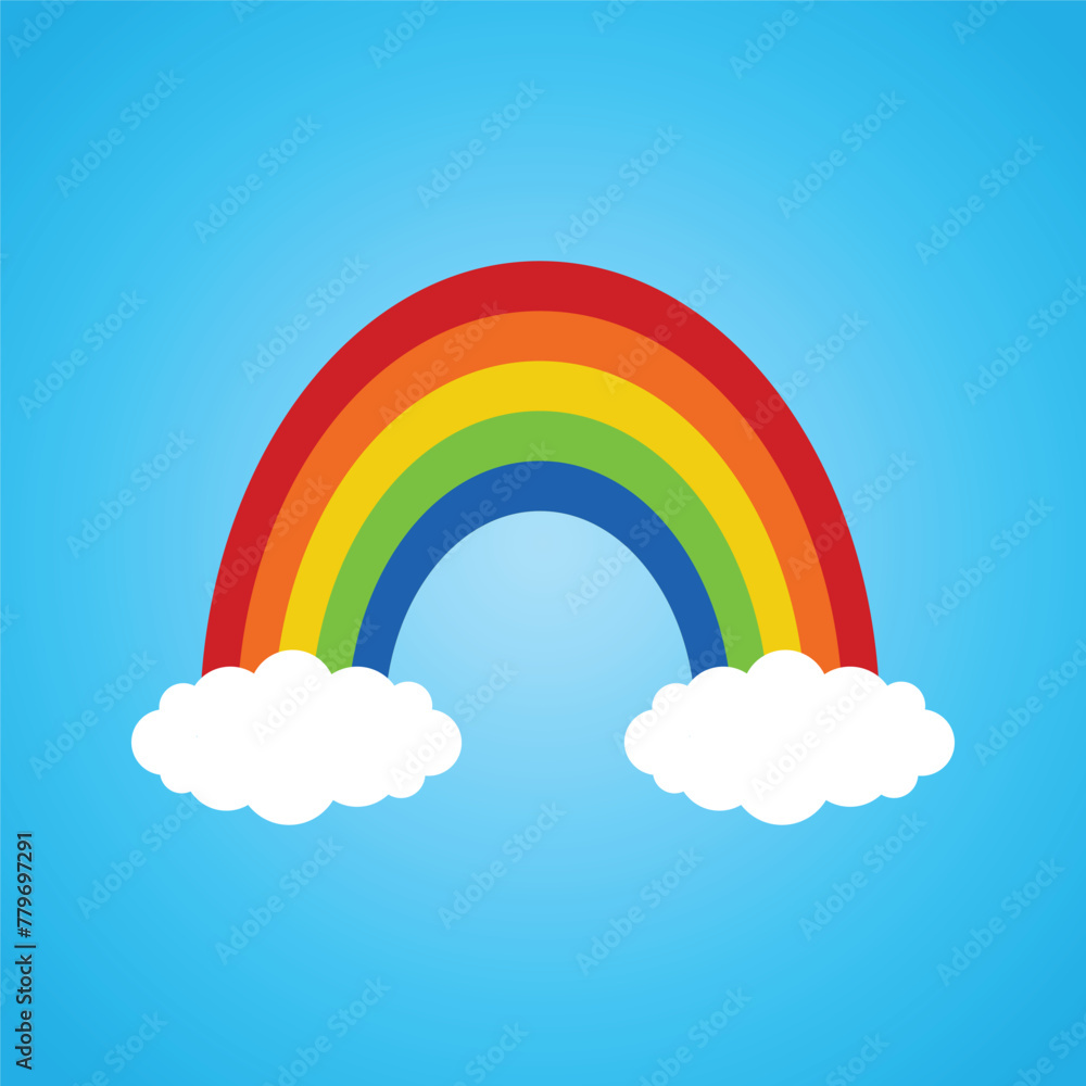 colorful rainbow with clouds in the sky. Vector illustration. 