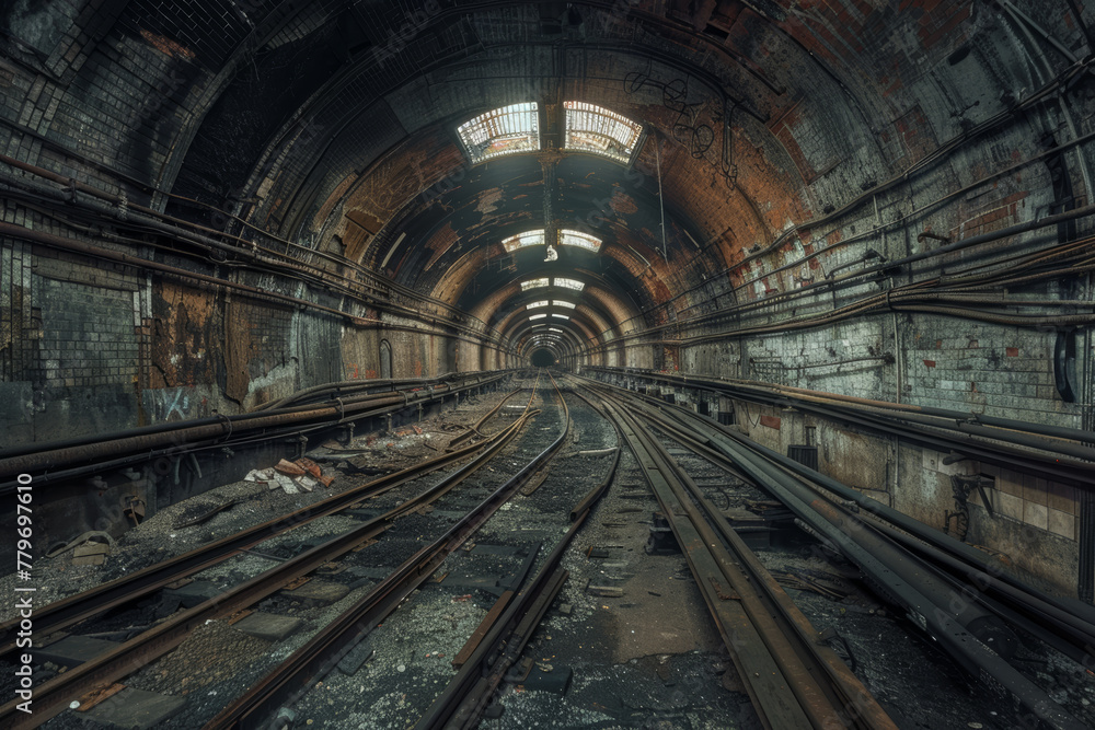 The haunting perspective of an abandoned subway tunnel, its tracks leading into the darkness, evokes a sense of mystery and forgotten urban tales
