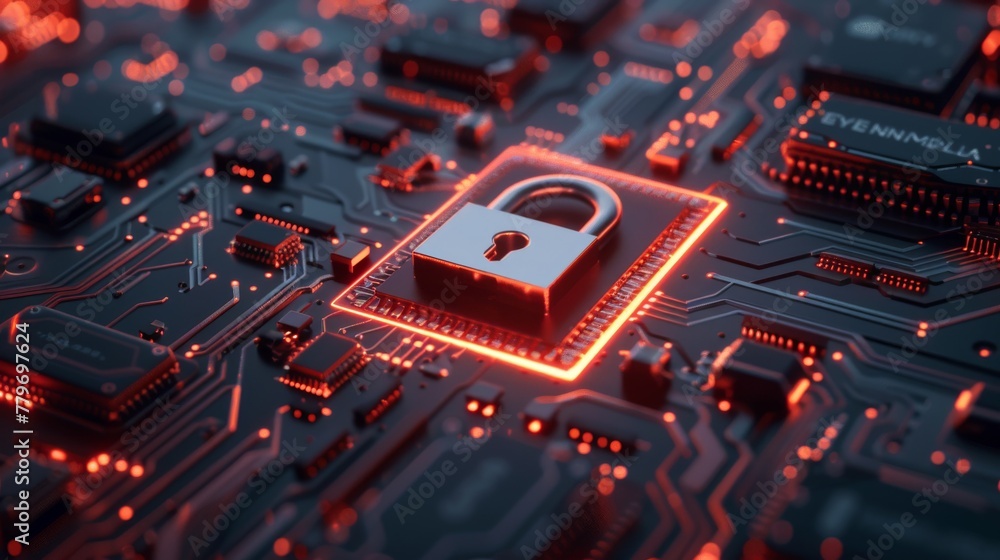 A close-up 3D render of a padlock on a circuit board, symbolizing data security and encryption. A close-up 3D render of a padlock on a circuit board, symbolizing data security and encryption.