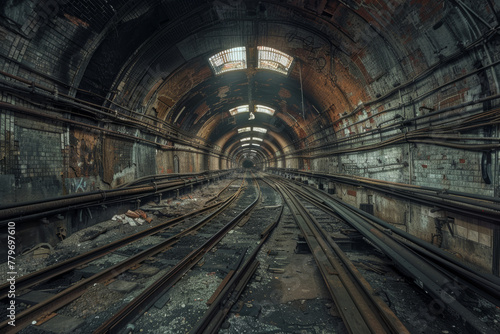 The haunting perspective of an abandoned subway tunnel, its tracks leading into the darkness, evokes a sense of mystery and forgotten urban tales