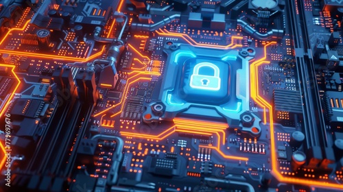 A vibrant 3D concept of a blue illuminated padlock on a circuit board, depicting network security.