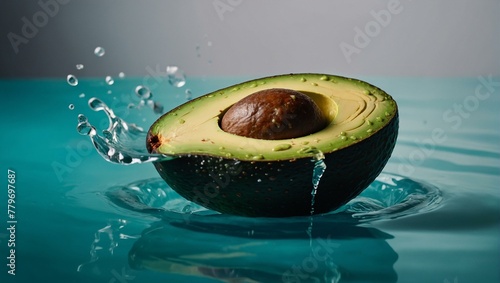 High-resolution image showcasing a sliced avocado with a splash of water, highlighting texture and freshness photo