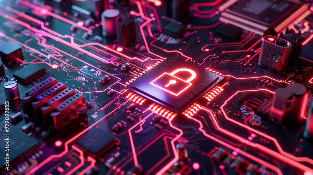 A 3D graphic of a glowing red padlock symbol on a detailed circuit board, emphasizing digital security.