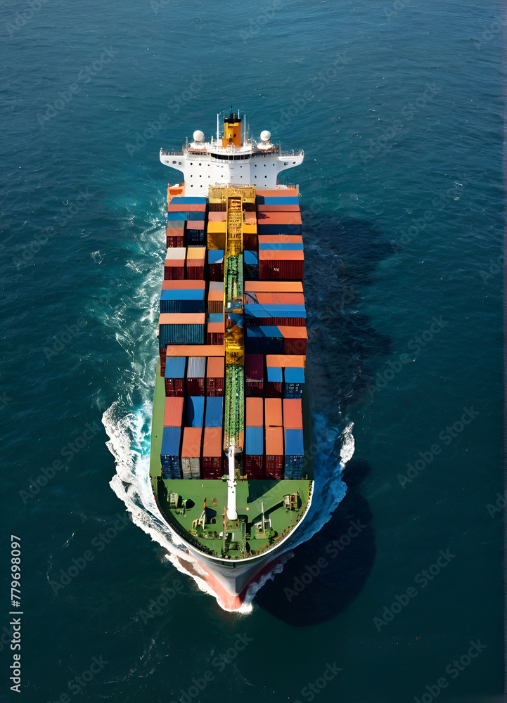 Cargo container ship at sea, top view