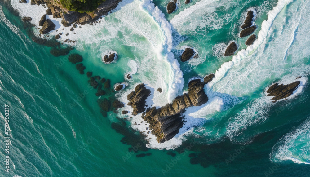 Aerial shot of waves bright colors  hitting rocks on the ocean shore