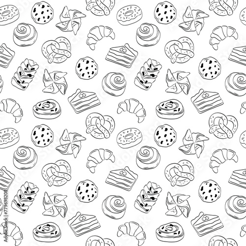 Seamless pattern hand drawn black outline pastry bakery on white background.