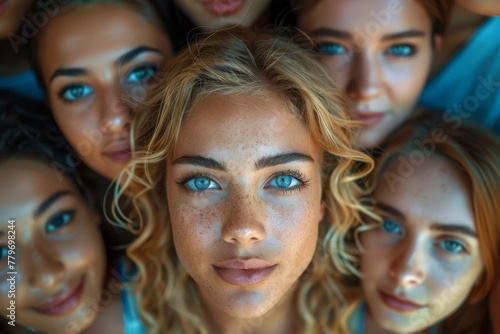 A close-up image featuring a group of young women with varying eye colors, skin tones, and expressions © Larisa AI