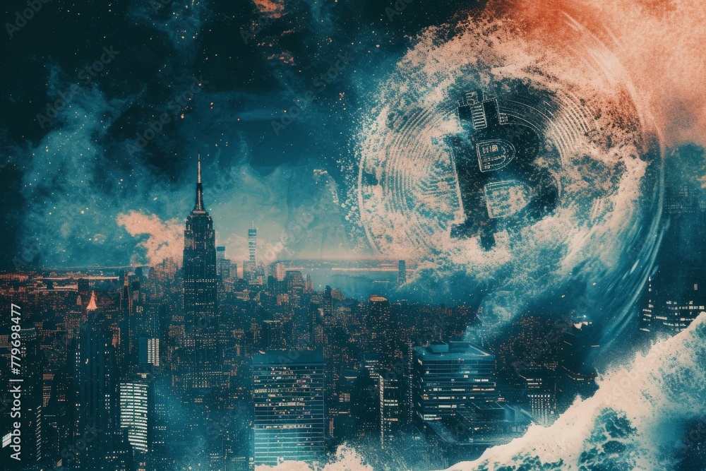 Futuristic Cityscape with Bitcoin Symbol and Digital Wave, Symbolizing the Impact of Cryptocurrency on Urban Economics.