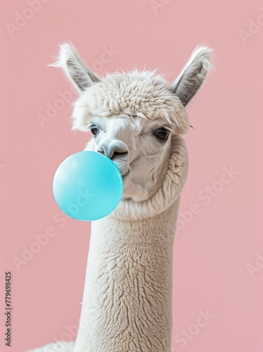 Funny poster. portrait of white alpaca blowing blue bubble gum, on a solid pink background, in a minimalist style with pastel colors and soft lighting. Humor card, t-shirt composition