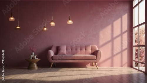 A chic living room in shades of pink with designer furniture casting soft shadows in the serene morning light