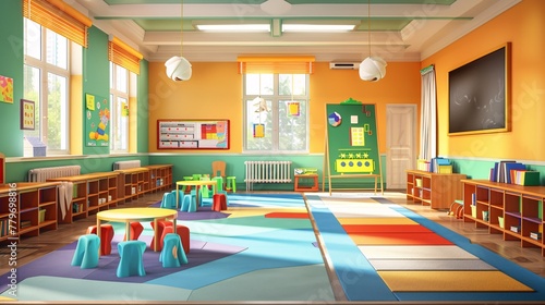 Interior of a kindergarten classroom with colorful children's toys and chairs