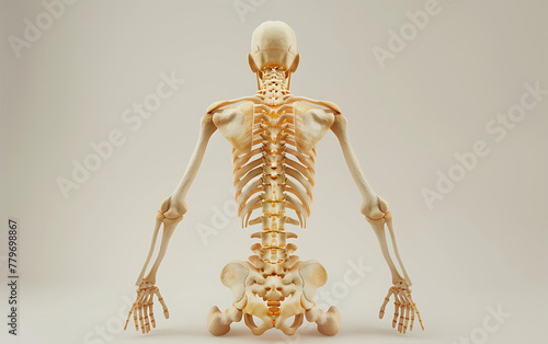 Human Skeleton Spinal Vertebral Column focus on a plain medical background with space for text. generative ai