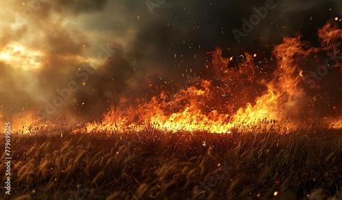 Intense wildfire blazing through a dry grassland at sunset
