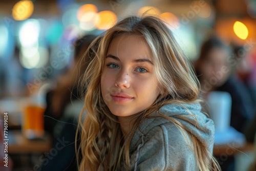 Smiling blonde young woman with captivating blue eyes and long hair in a cafe