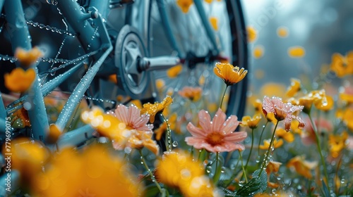 A close-up shot of a bicycle's frame, its metallic surface glistening with dewdrops from the morning mist, delicate wildflowers nestled among its spokes.
