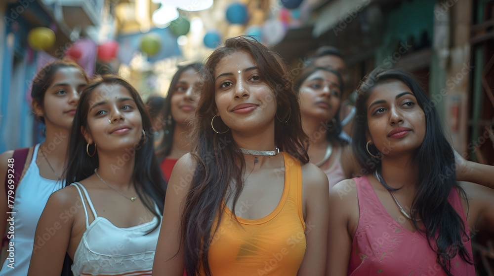 Photograph of diverse ethnicity group of beautiful girls walking on the street . Model photography. Photograph of diverse ethnicity group of beautiful girls walking on the street . Model photography.