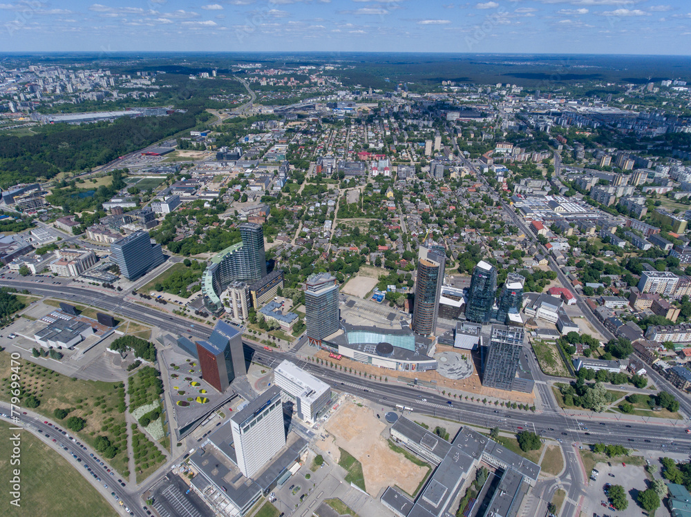 Vilnius City Cityscape, Lithuania. Business Town in Background. Drone Point of View. Snipiskes District