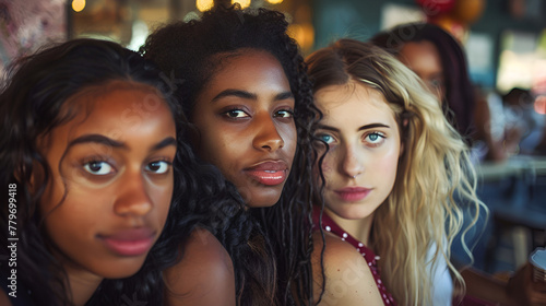 Photograph of diverse ethnicity group of beautiful girls in a coffee shop . Model photography.