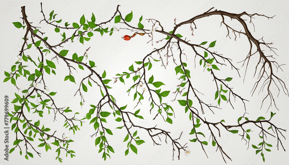 collection of thorny vines  bright colors and branches isolated on a transparent background,  