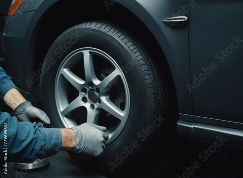 Hands of mechanic changing a wheel of a modern car The character and all objects are fictitious, the image was created using the neural network Fooocus v2