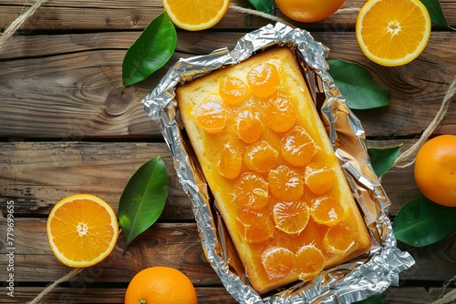 Homemade mandarin orange sponge cake with orange jelly and pulp on wooden table in top view Homemade bakery for cafe photo
