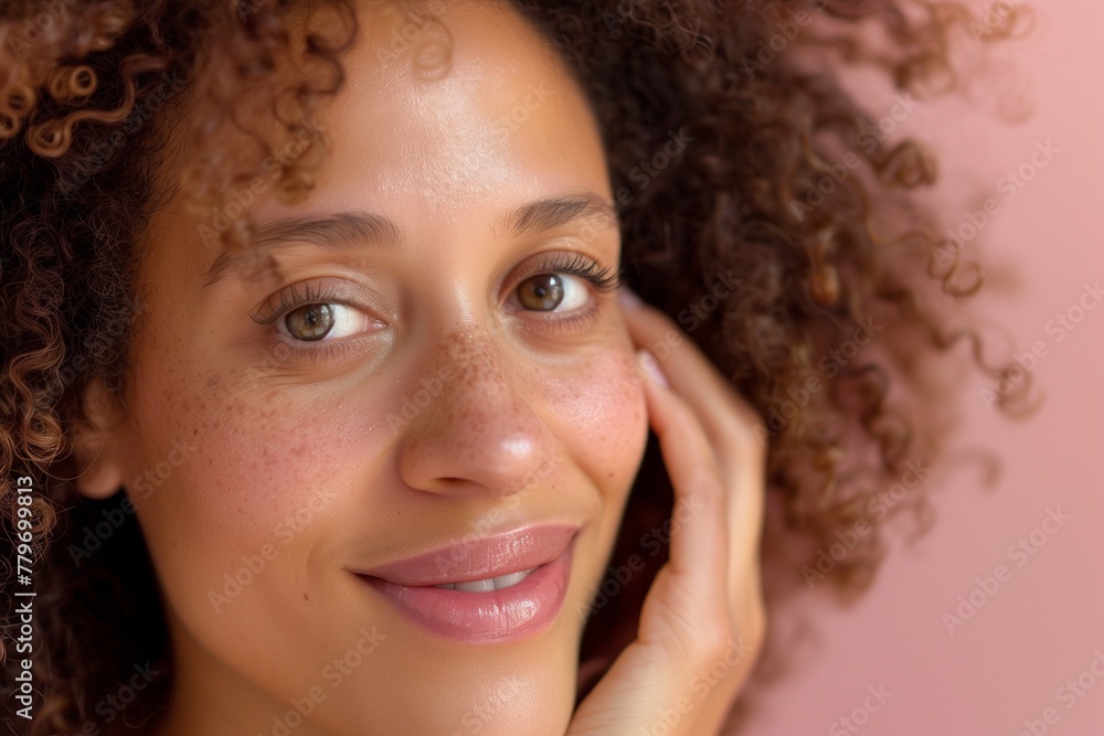 Skin care. Woman with beauty face touching healthy facial skin portrait. Beautiful smiling girl model with curly hair and natural makeup touching glowing hydrated skin on pink background closeup Skin care. Woman with beauty face touching healthy facial skin portrait. Beautiful smiling girl model with curly hair and natural makeup touching glowing hydrated skin on pink background closeup