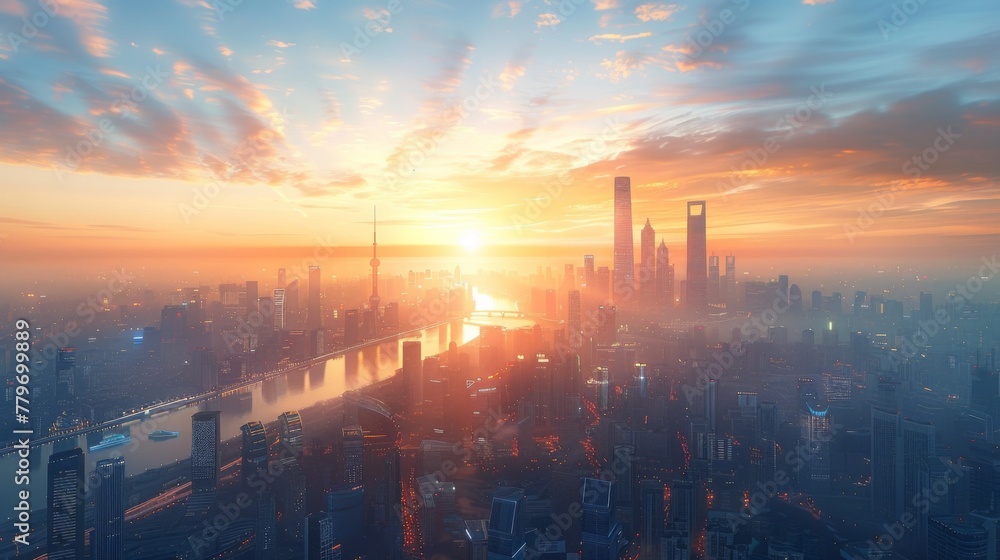 Fototapeta premium A Mesmerizing Sunset Reflecting off a Winding River in a Cityscape.