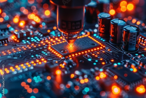 Detailed capture of a motherboard showing circuits, chip, and glowing elements depicting technology and electronics
