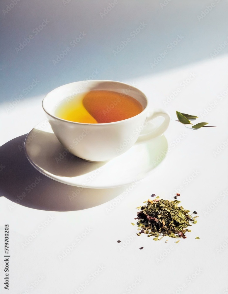 A white ceramic cup of green tea, with a few loose tea leaves beside it on a white background, creating a serene and minimalist tea experience A white ceramic cup of green tea, with a few loose tea leaves beside it on a white background, creating a serene and minimalist tea experience