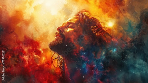 radiant watercolor depiction of Jesus Christ transfigured on the mountain, his face illuminated with divine light. photo