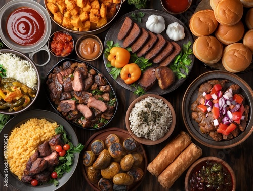 A table full of food with a variety of dishes including rice, meat, and vegetables. Scene is inviting and warm, as it seems like a gathering of friends or family sharing a meal together