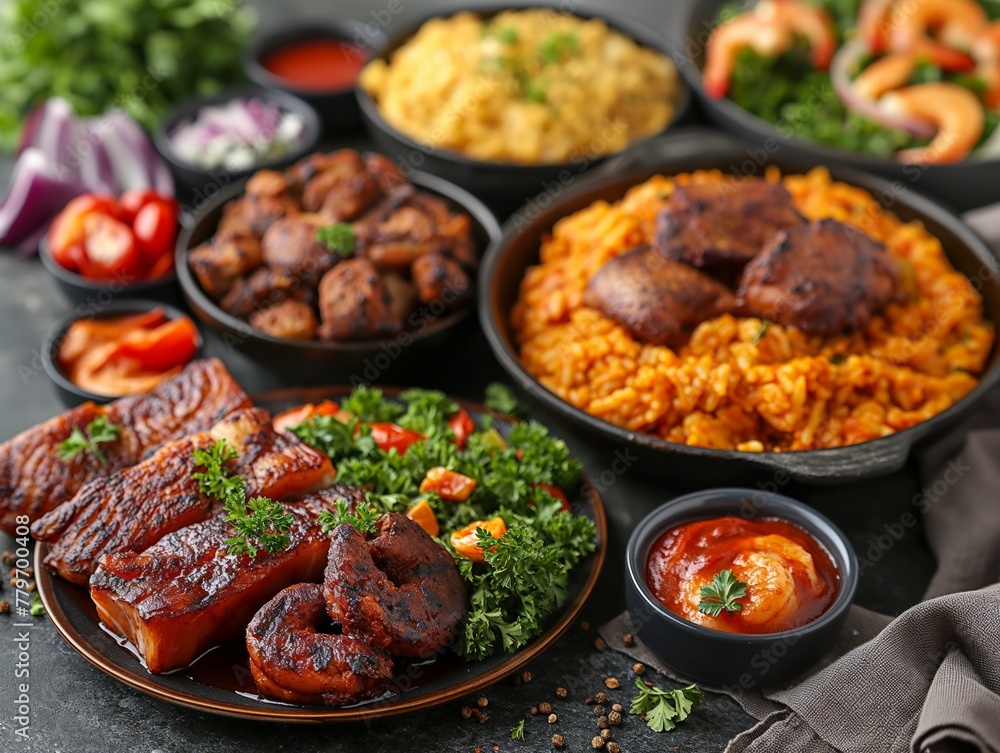 A table full of food with a variety of dishes including meat, rice, and vegetables. Scene is inviting and delicious