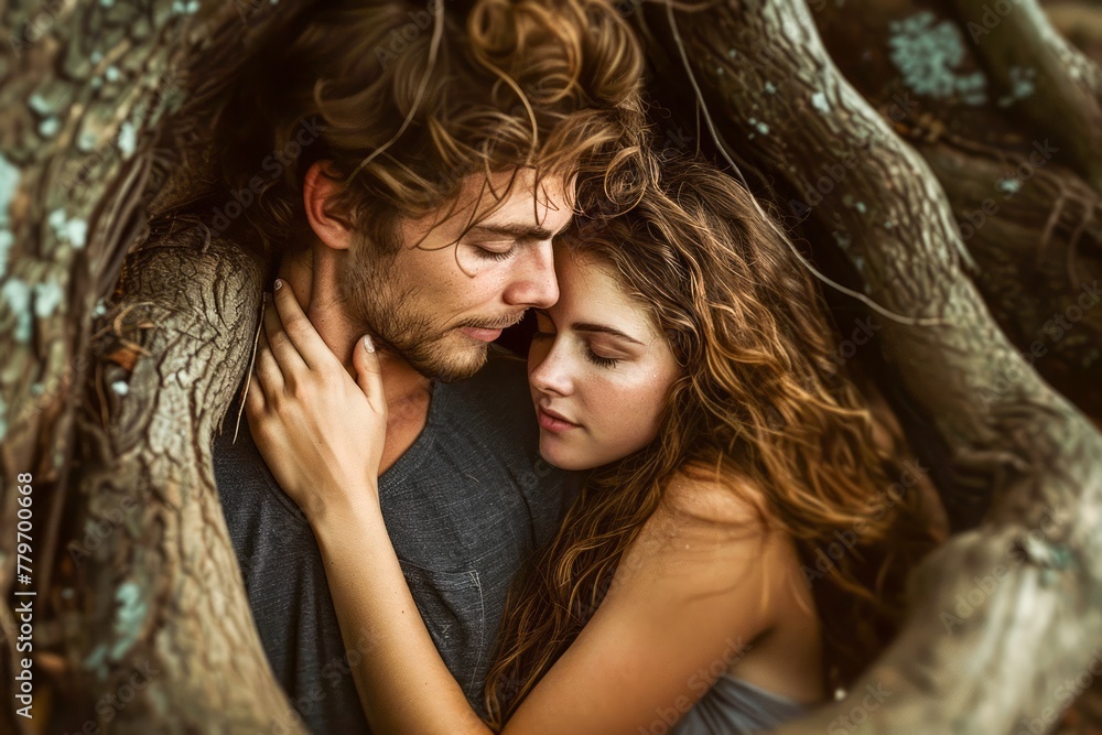 Romantic Couple Embracing Under Ancient Tree Intimate Moment in Nature Romantic Couple Embracing Under Ancient Tree Intimate Moment in Nature