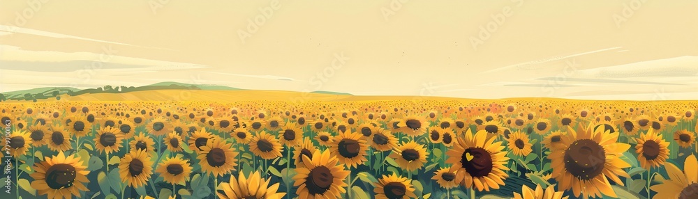 An Artistic vintage style illustration of a vast sunflower field under a pale sky.